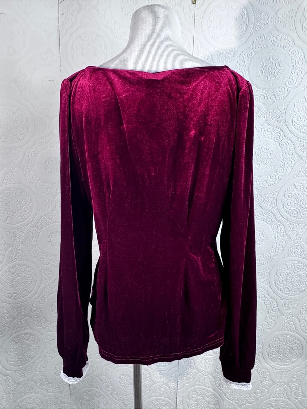 Women's Velvet Stretchy Blouse Top Whimsy Goth Vamp Witchy Burgundy Lace sz XL - Picture 4 of 5